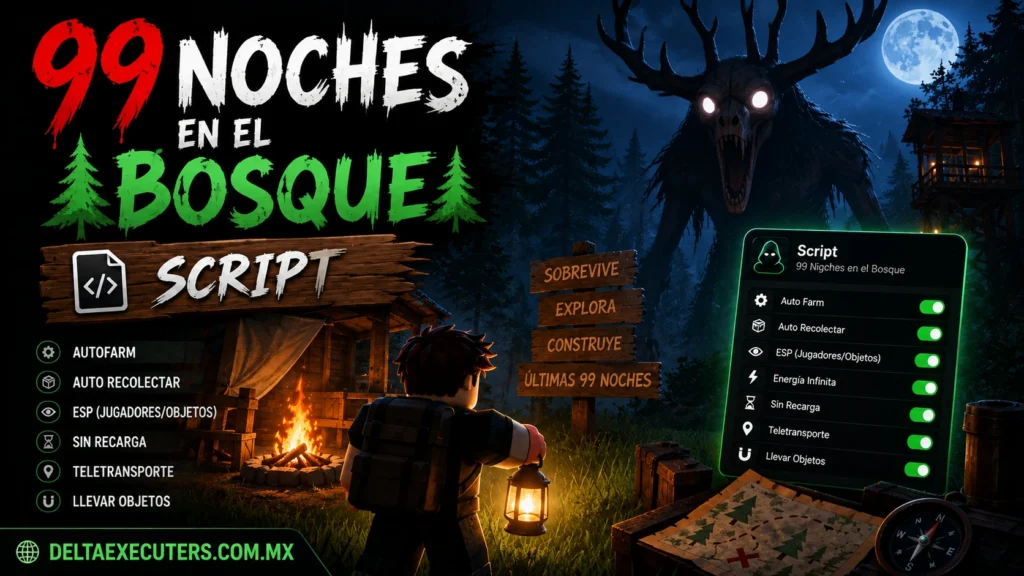 99 Noches en el Bosque Script para Roblox con funciones de Auto Farm, teletransporte y ESP