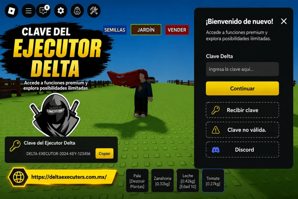 Clave de Delta Executor y pantalla de verificación con opciones para recibir e introducir la clave en Roblox