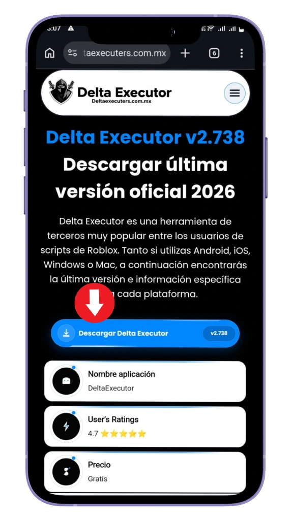 Página de Delta Executor con el botón de descarga para Android