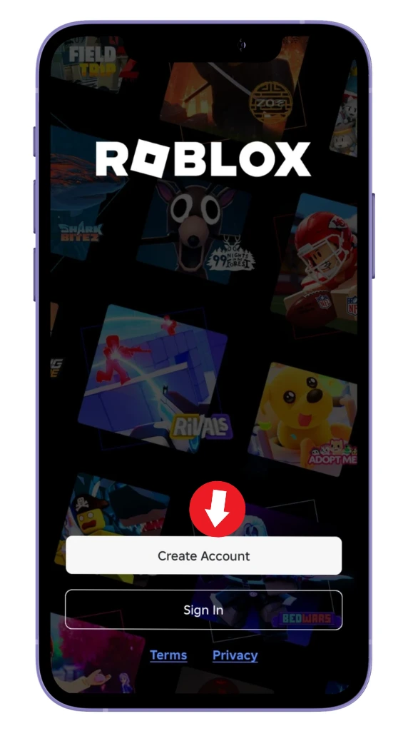 Pantalla de inicio de sesión de Roblox en un teléfono Android