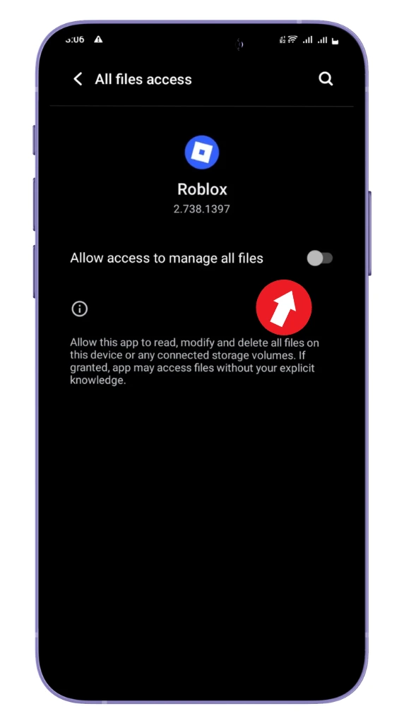 Permiso de acceso a todos los archivos para Roblox en Android